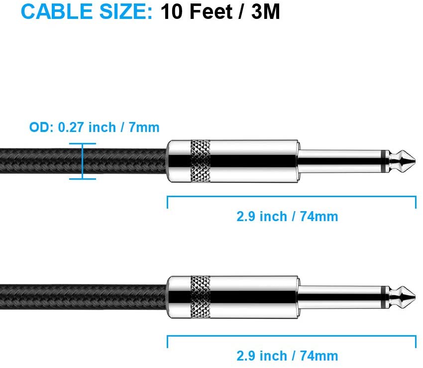 Guitar Cable 10 ft New Bee Electric Instrument Cable Bass AMP Cord 1/4 Straight to Straight for Electric Guitar, Bass Guitar, Electric Mandolin, Pro Audio