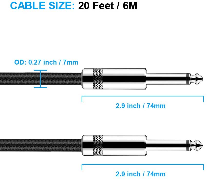 Guitar Cable 20 ft New Bee Electric Instrument Cable Bass AMP Cord 1/4 Straight to Straight for Electric Guitar, Bass Guitar, Electric Mandolin, Pro Audio